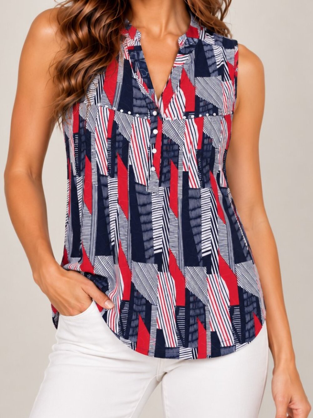 NWT Cocomo Red, White, and Blue Sleeveless Blouse with studs women size XL (234)
